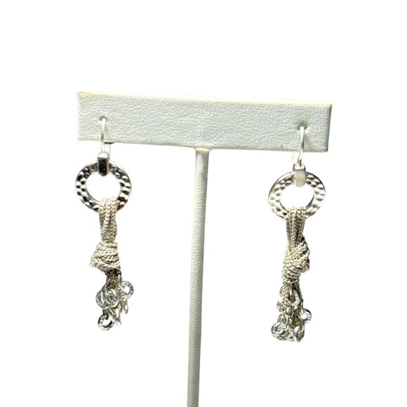 Sterling Silver Dangle Earrings Hammered Circle Knot Tassel Drop Jewelry - Picture 5 of 9